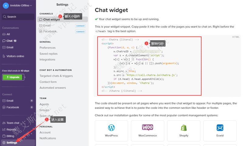 Chatra网站仪表盘的“Chat widget”那里复制代码