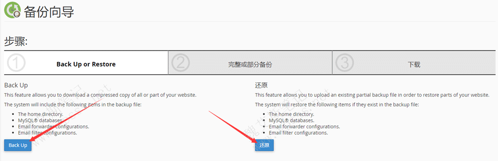 看到备份还原的步骤页面，点击 Back up开始备份向导