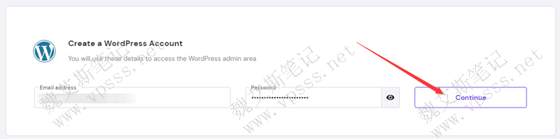 我们选择第一项 WordPress，再输入邮箱地址和密码来创建一个 WordPress 帐户