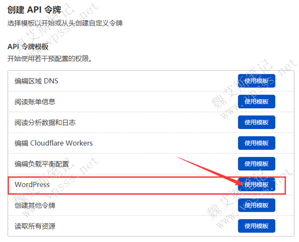 选择 WordPress 后面的“使用模板”。