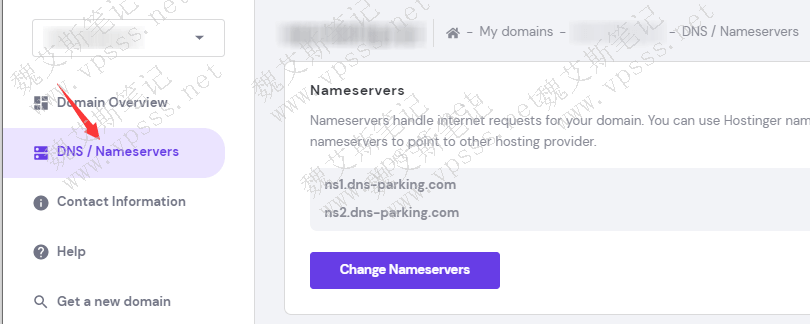 在左侧菜到找到“DNS/nameservers”点击进入