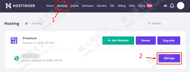点击登录 Hostinger虚拟主机,在 hpanel面板找到 Hosting > Manage