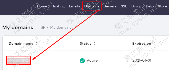 点击立即登录 Hostinger控制面板,在上方菜单点击“Domains”。
