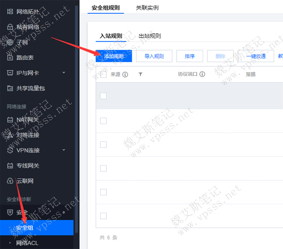 “安全” > “安全组”,右侧点击“入站规则”中的“添加规则”