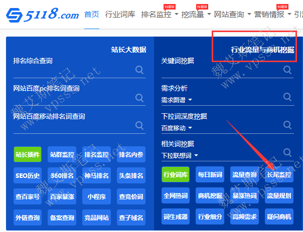“行业流量与商机挖掘”,在下面会看到“长尾监控”