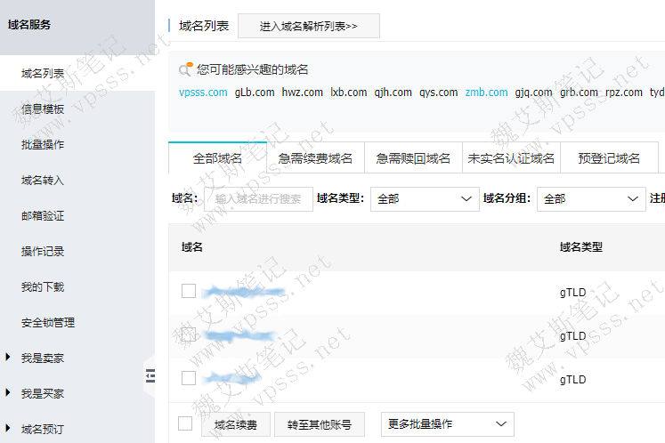 进入后就能看到域名列表，后面就可以选择域名进行续费、解析等操作了