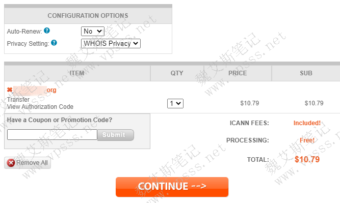 是否自动续费,隐私保护选择 whois privacy,输入 promotion code优惠码 vpsss
