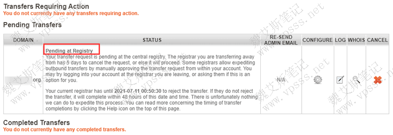 在等待期间你可以进入“transfers page”转移页面,会显示域名转移全过程的每一个状态