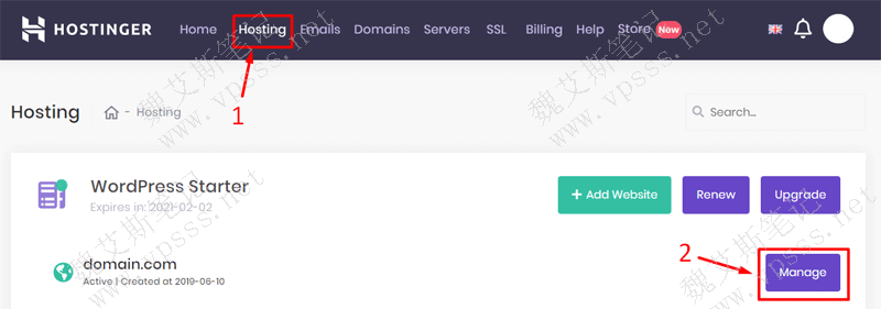 找到 hosting板块,点击右侧的“manage”按钮进入。