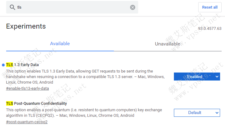 搜索“tls”，看到 TLS1.3 Early Data，右侧选择 Enabled