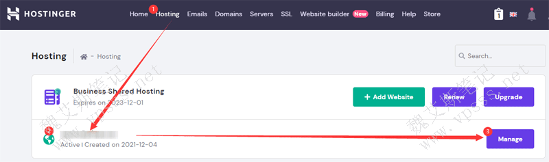 登录 Hostinger虚拟主机后台,点击菜单栏的 Hosting,点击右侧的【manage】按钮。