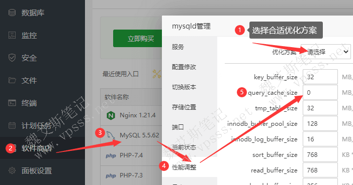 进一步优化数据库，在宝塔面板 > 软件商店 > MySql > 性能调整 > 优化方案根据服务器（vps）内存的大小选择（内存多大就选择多大）。