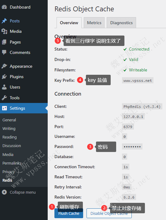 WordPress后台左下角的设置>Redis，右侧看到 status：connnected，就说明连接服务端成功，Redis生效了