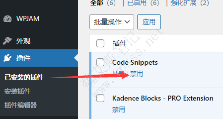 WordPress先点击【禁用】，点击【删除】插件